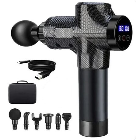 Pistol de masaj profesional, portabil, afisaj baterie si reglare intensitate touch screen, 6 capete de schimb, incarcare USB tip C, utilizare 4-6 ore