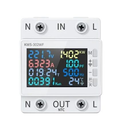 Contor monofazat de energie electrica, 170V-270V, 63A, 8 in 1, WIFI, KWS-302WF, NTC, afisare simultana volti, amperi, putere, tempetatura, T, Kw/h, Hz, PF