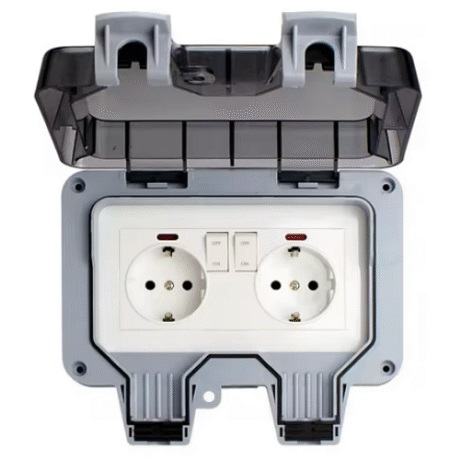 Priza electrica dubla aplicata 230V, 16A, IP66, carcasa de exterior rezistenta la apa, buton pornire oprire