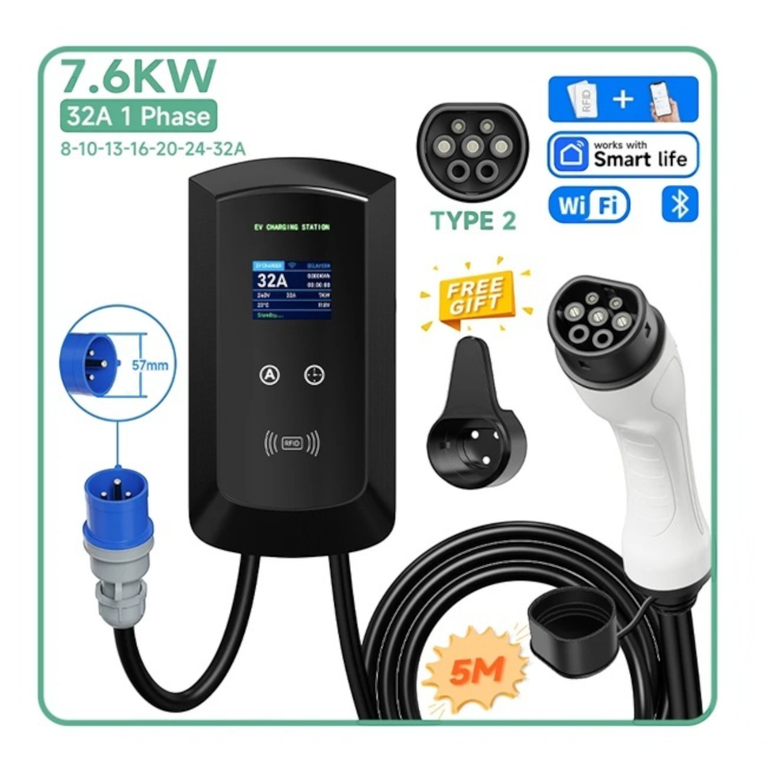 Statie electrica incarcare auto, EV Smart, 7.6KW 32A, monofazata Type 2, WiFi, cartele RFID incluse, putere iesire reglabila 8A–32A, IP66, cablu 5m, Negru - imagine 3