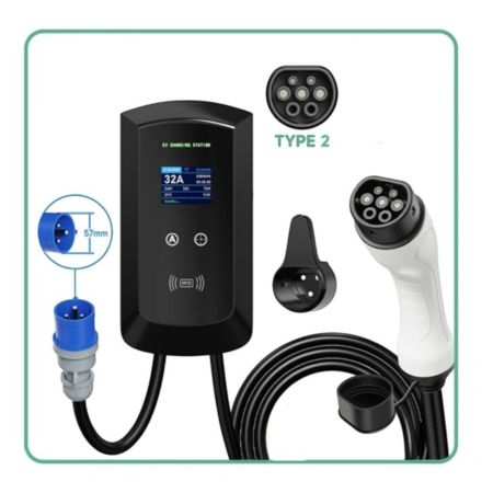 Statie electrica incarcare auto, EV Smart, 7.6KW 32A, monofazata Type 2, WiFi, cartele RFID incluse, putere iesire reglabila 8A–32A, IP66, cablu 5m, Negru