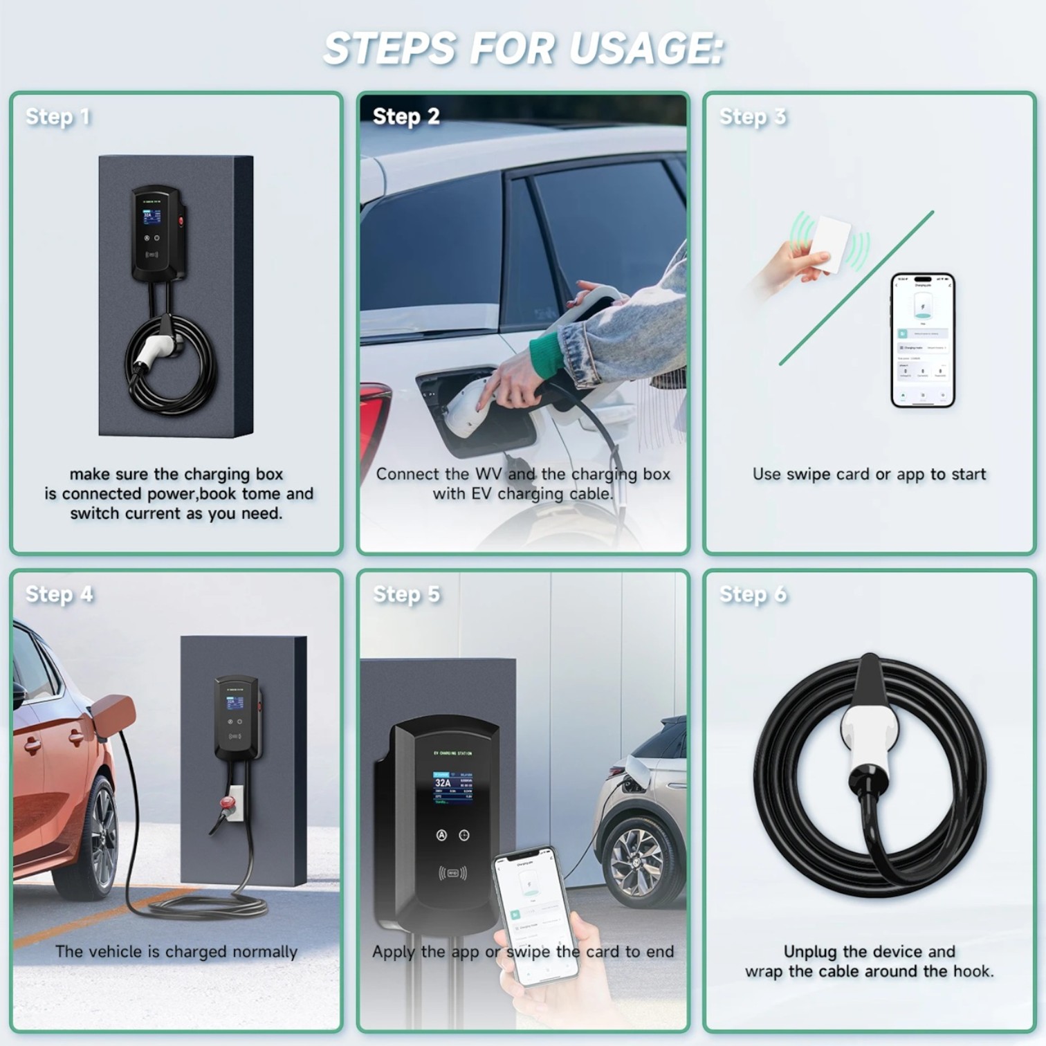 Statie electrica incarcare auto, EV Smart, 7.6KW 32A, monofazata Type 2, WiFi, cartele RFID incluse, putere iesire reglabila 8A–32A, IP66, cablu 5m, Negru - imagine 6